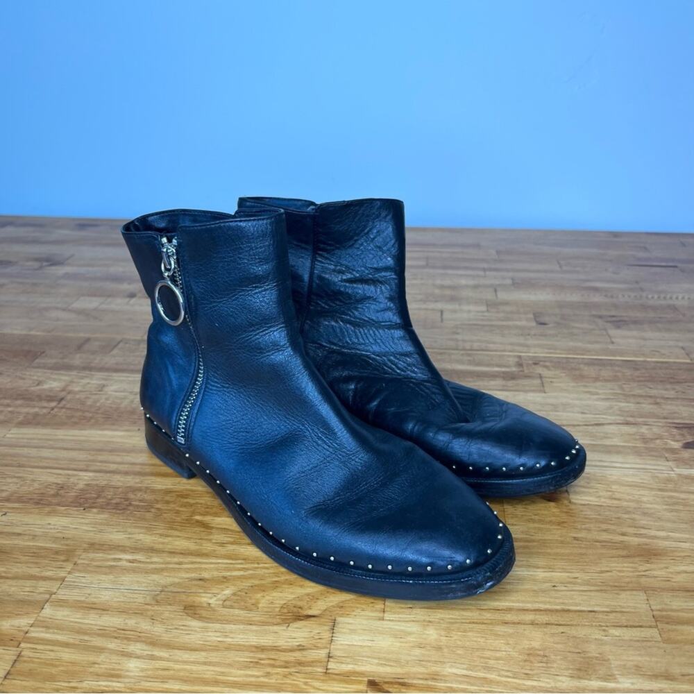 SCHUTZ Black Leather Silver Studded Side Zip Ankle Booties Size 7.5